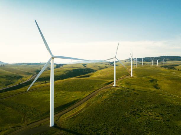10001 Wind turbines tower above the earth in a rural setting, drawing renewable energy as they spin. Sustainable energy and green technology that considers the environment. Shot in Washington state, USA.